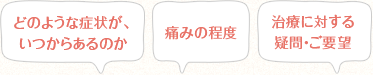 どのような症状がいつからあるのか、痛みの程度、治療に対する疑問・ご要望